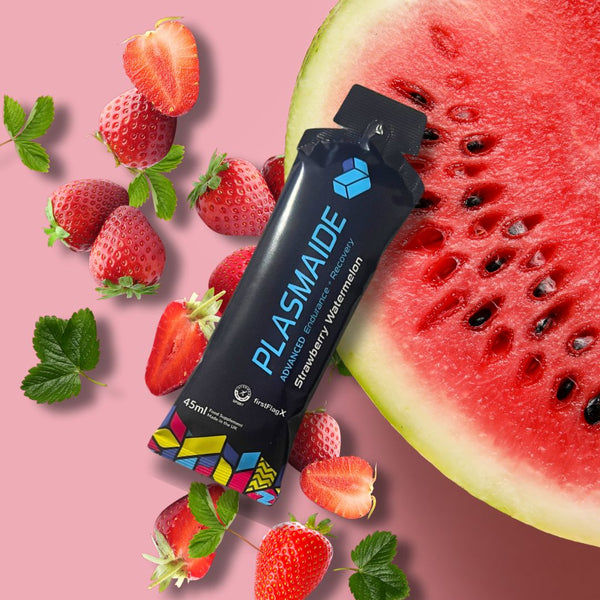 Single-serve Plasmaide Strawberry Watermelon flavored drink in a clear bottle with vibrant red and green fruit imagery.