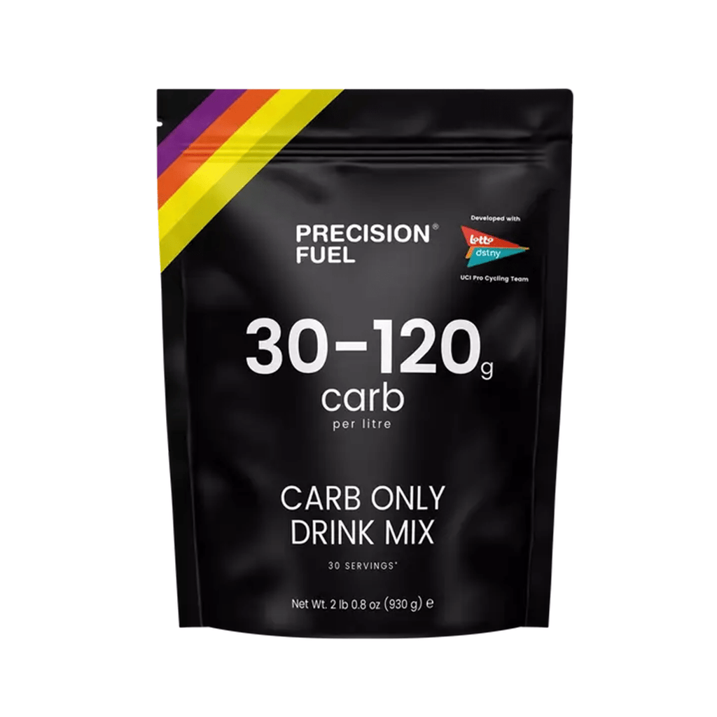 Precision Fuel & Hydration Carb Only Drink Mix in a resealable pouch with orange flavor and measurement markings on the packaging