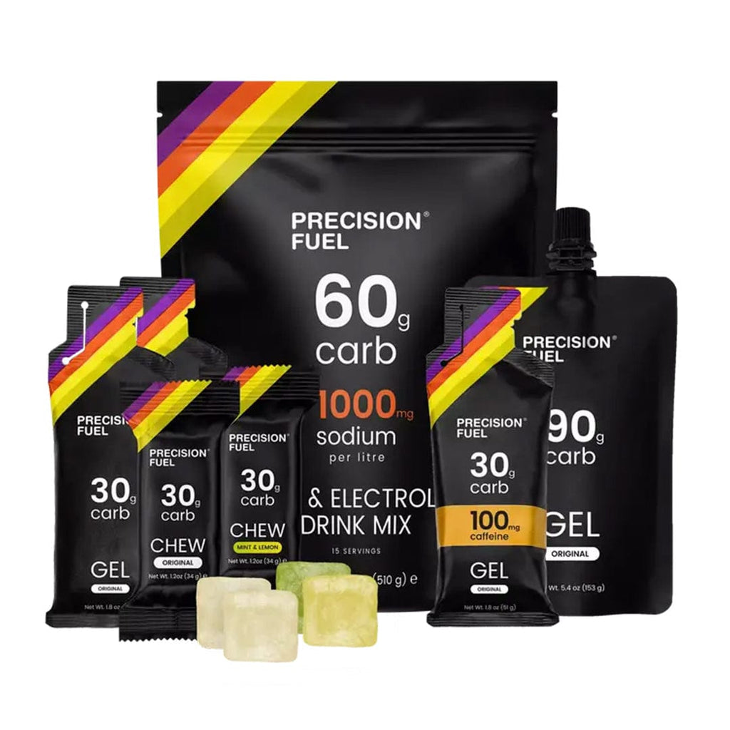 Precision Fuel & Hydration fuel sample pack showing various small energy gel and drink samples for athletes.
