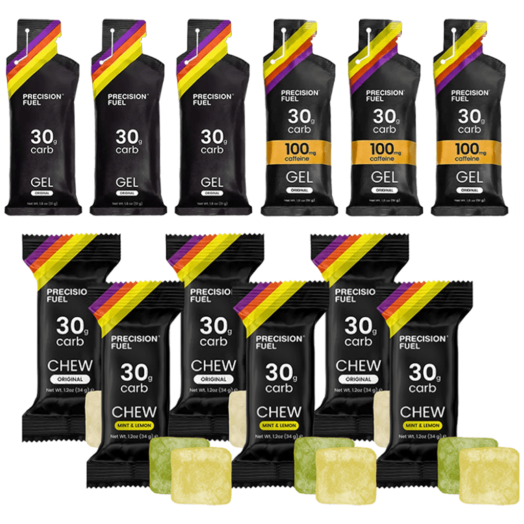 Assorted Precision Fuel & Hydration caffeinated fuel trial pack with energy gels and drinks for athletes.