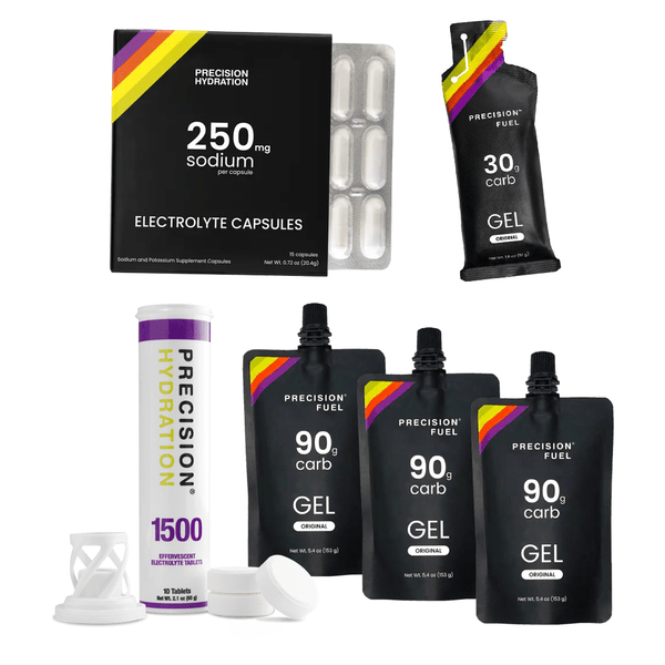 Precision Fuel & Hydration PF&H Marathon Pack, a hydration and nutrition pack for runners with bottles and storage compartments.