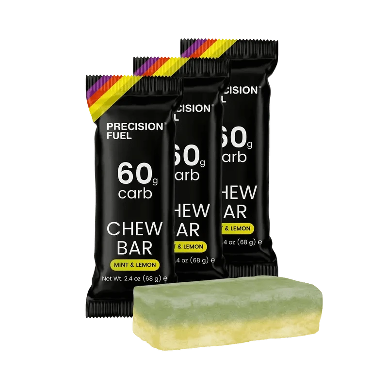 Single serve Precision Fuel & Hydration PF 60 Chew Bar with citrus flavor, showing the energy bar's packaging and design.