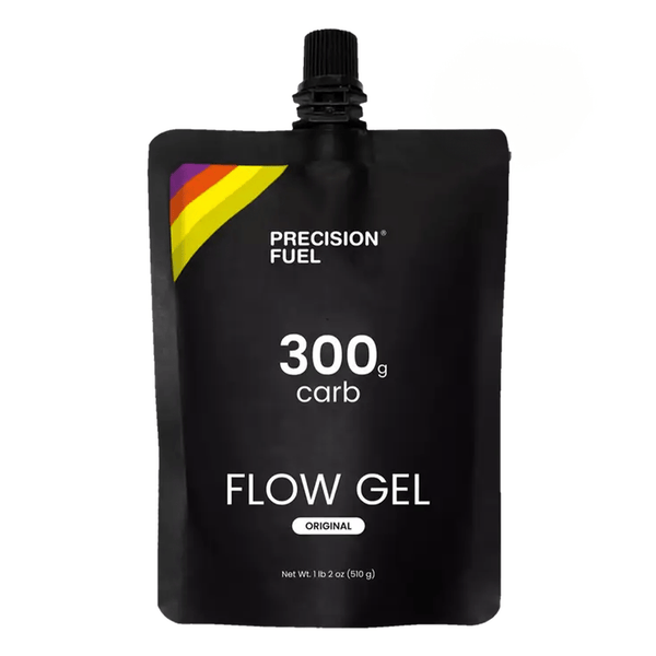 Single-serve PF 300 Flow Gel by Precision Fuel & Hydration, a portable energy gel in a clear packet with branding.