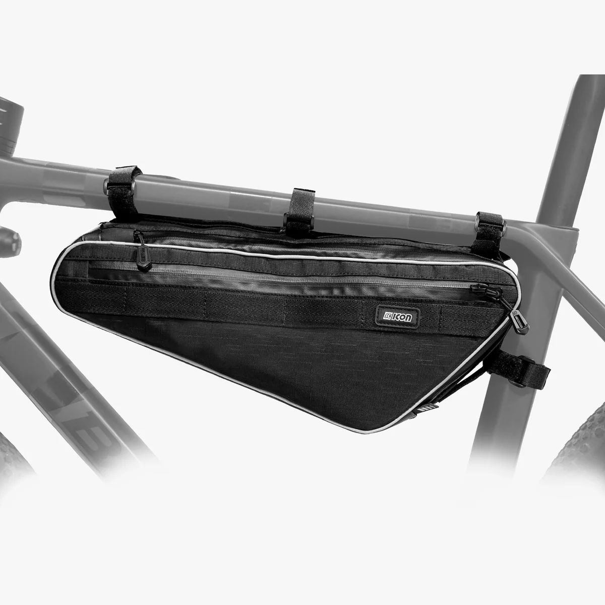 Scicon 3L bike frame bag attached to a bicycle frame, compact storage solution for cycling essentials, black nylon material with zippers.