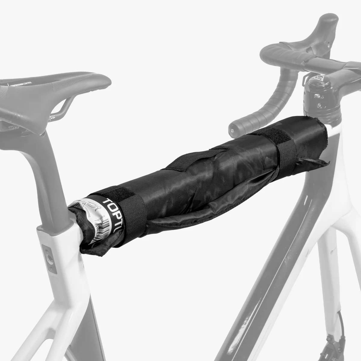 Scicon bicycle top tube protection pad attached to a bike frame, designed to prevent scratches and damage during rides.