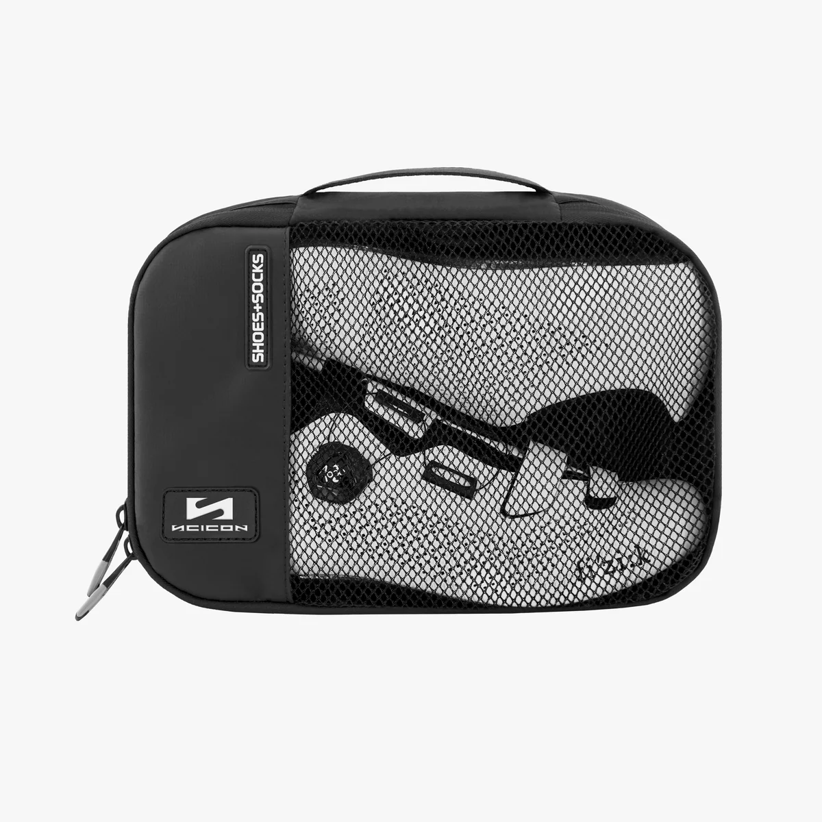 Scicon footwear storage bag with zipper closure, black fabric and handle for organized shoe storage and travel convenience.