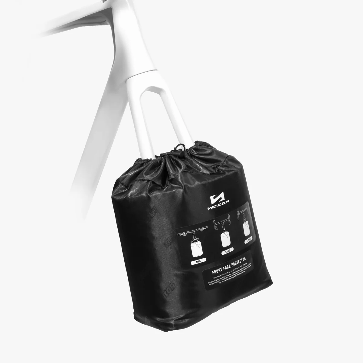 Scicon front fork protection pad installed on a bicycle fork, providing impact and scratch protection for the bike.