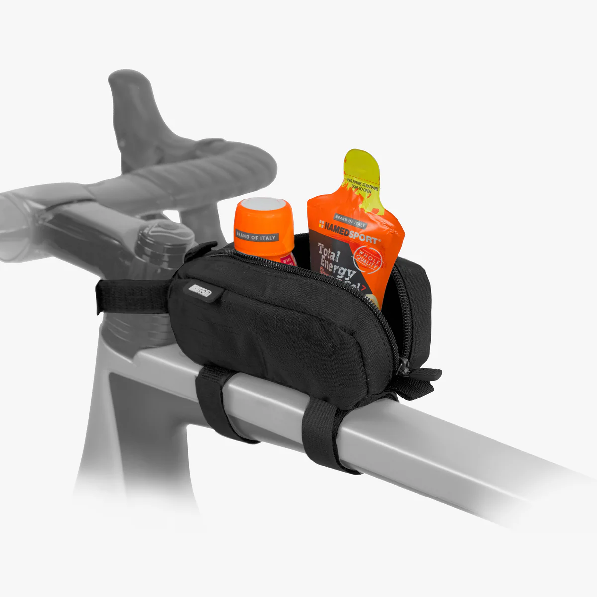 Scicon Fuel strap-on top tube frame bag attached to a bicycle, designed for convenient cycling storage and easy access.