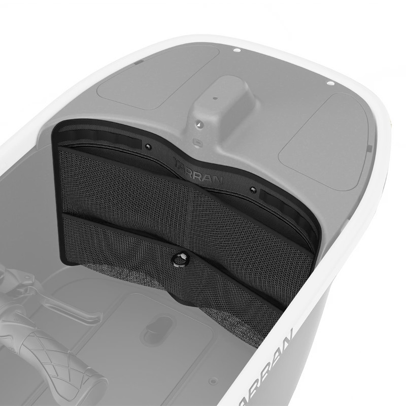 Tarran Bikes front storage organizer with multiple compartments for bike accessories, mounted on a bicycle handlebar.